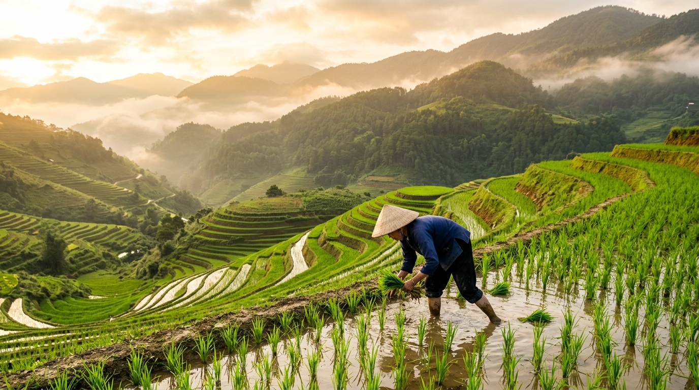 Farmer Prepares Fresh Rice Bundles for Harvest